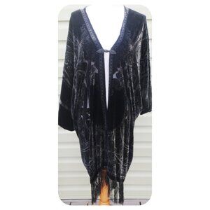 Jenny Helene Plus 2X Kimono Velvet Jacket/Cover Up Black Fringe Burn Out, Silk